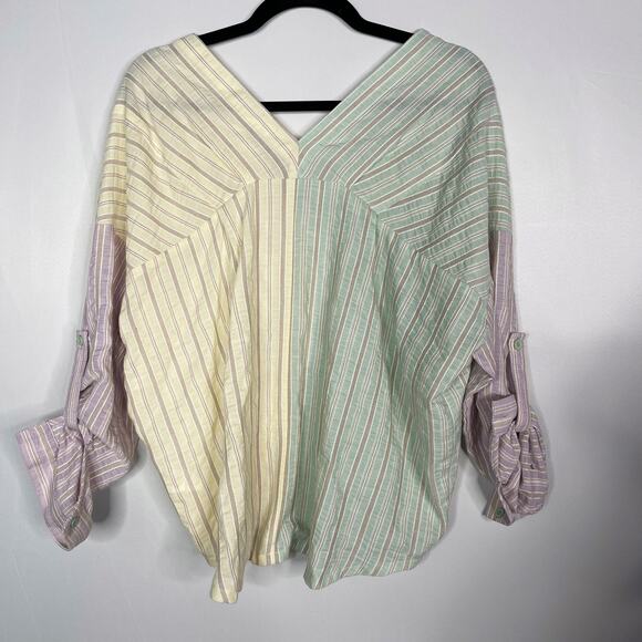 Fate Small S Yellow Green Pink Striped Button Down Shirt Patchwork V Neck V Back - Picture 2 of 10